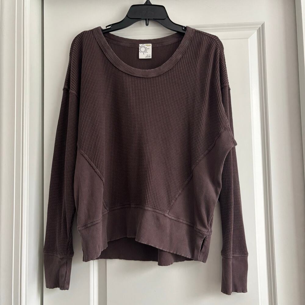 Aerie Waffle Knit Oversized Crewneck Sweatshirt Brown XS Lounge Travel‎